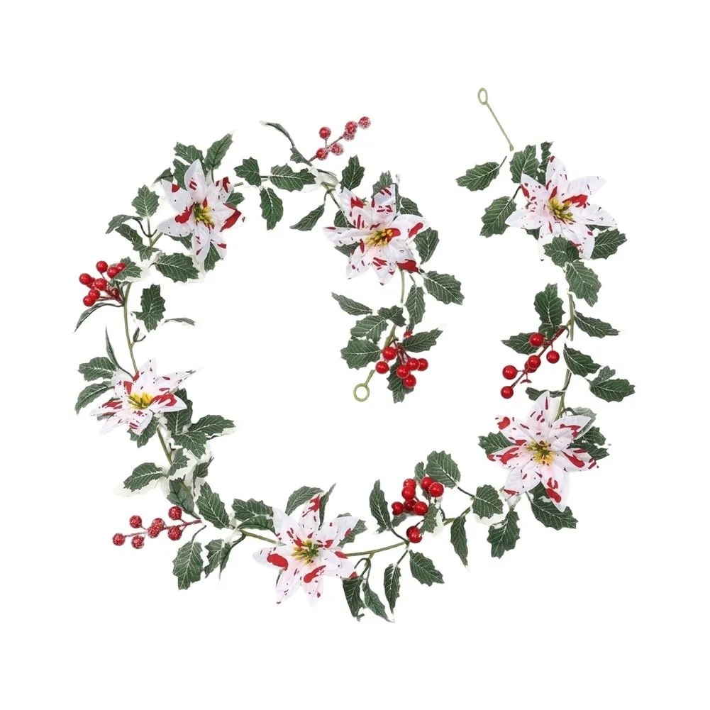 175cm Artificial Poinsettia Garland with Lifelike Red and White Berries for Christmas Fireplace Staircase and Front Door Decor