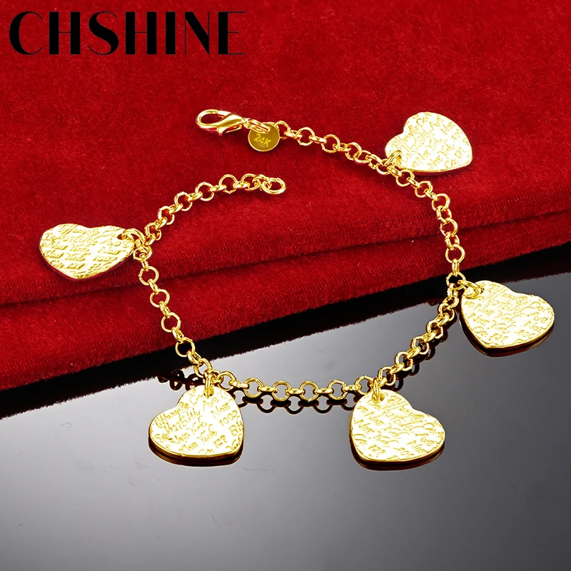 

CHSHINE 925 Sterling Silver Plated 18K Gold Five Heart Card Pendant Bracelet For Women Wedding Party Fashion Charm Jewelry