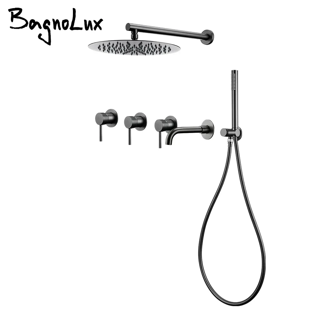 

Gunmetal Shower Faucet Set Bathtub Mixer Tap Wall Mount Rainfall Head Kit Solid Brass With Bath Spout 150/210/260MM Handshower