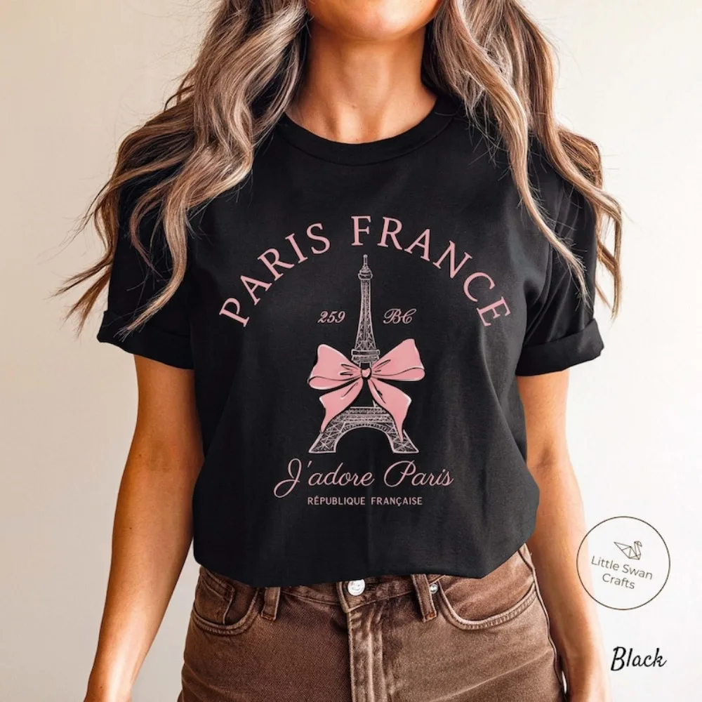 Paris Shirt Eiffel Tower J'adore France T-shir Pink Bowknot Tee Unisex Women Breathe Loose Tee O Neck Short Sleeve Clothes
