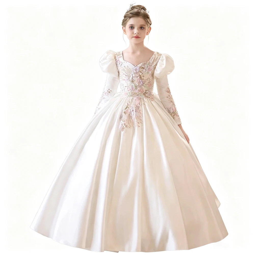 Luxury Girls Pageant Evening Birthday Party Prom Gown Satin Puff Long Sleeve Princess Piano Recital Wedding Bridesmaid Dress