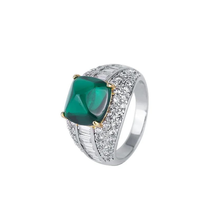 

S925 Silver Imitation Colorful Treasure Emerald Blue Treasure Sugar Tower Full Set Ring Main Stone 10 * 10