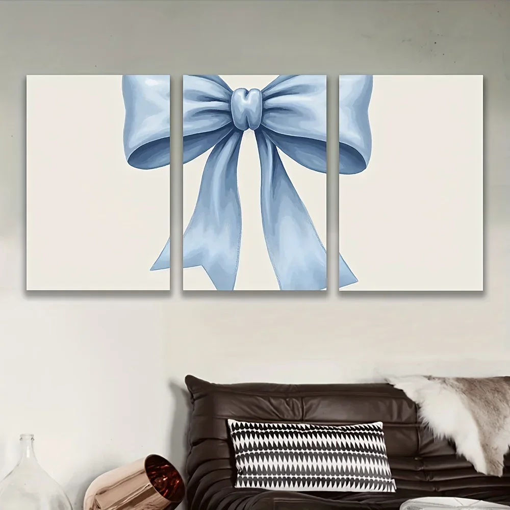 Frameless 3pcs Canvas Painting 3pcs Blue Watercolor Canvas Art Set - Frameless, Elegant Bow Design, Ideal for Living Room, Offic