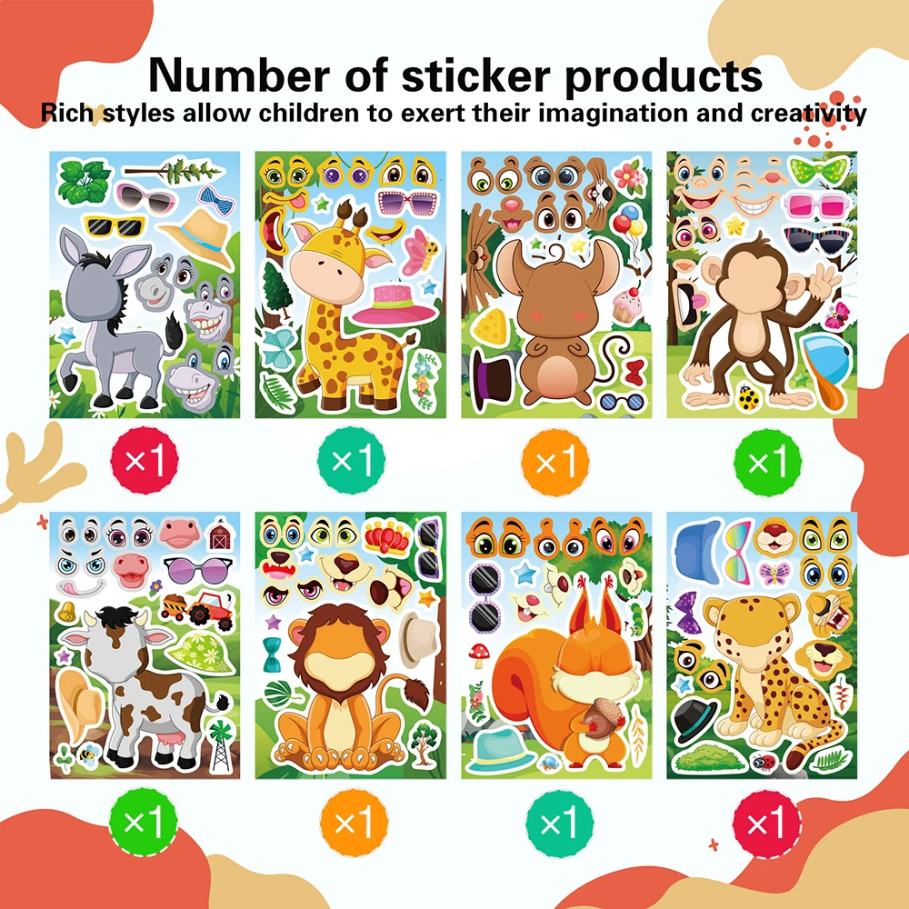 8/16Sheets Kids Animals Make a Face Puzzle Stickers Create your own Monkey Lion Giraffe Children DIY Jigsaw Reward Party Favors