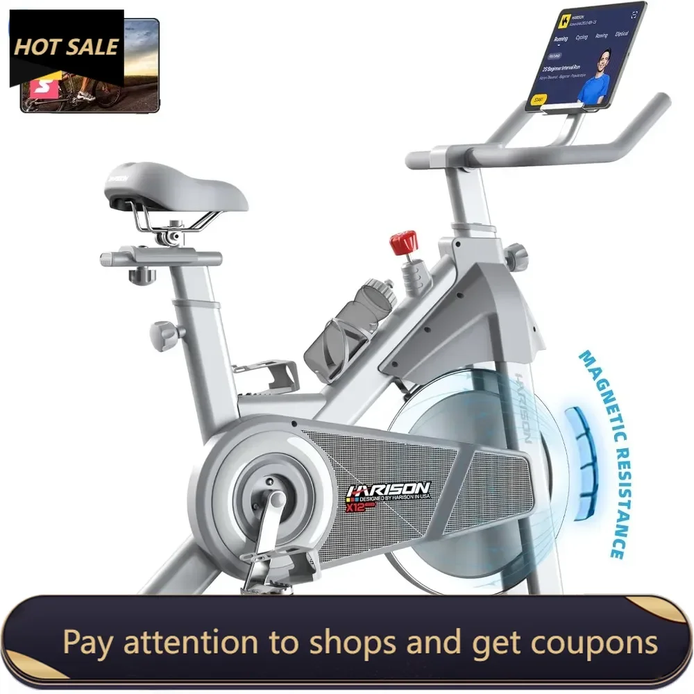 Magnetic/Brake Pad Exercise Bike 350lbs Capacity，Bluetooth Stationary Bikes for Home with Tablet Holder&Comfortable Seat Cushion