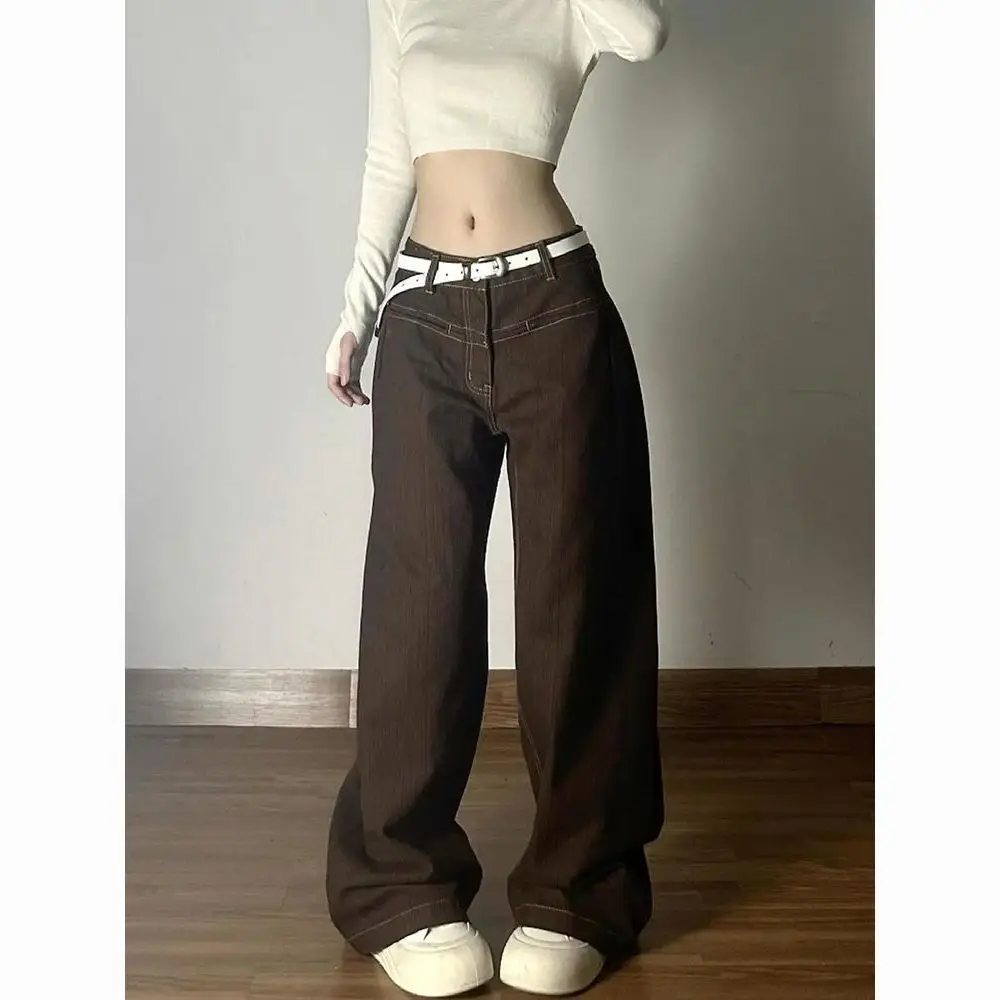 

Женские винтажные джинсы с карманами и вышивкой, джинсы с высокой талией, американские ретро широкие джинсовые брюки, эстетичная уличная одежда, потертые брюки