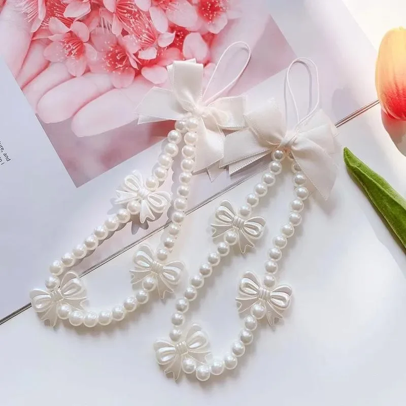 سلسلة هاتف لؤلؤية على شكل قلب مع فيونكة بيضاء من كوريا للنساء والفتيات حبل مطرز للهاتف إكسسوارات مضادة للفقدان هدية مجوهرات السيارة - 3