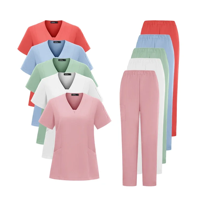 New Scrubs Set Medical Uniforms Stretch Scrub Tops with Pocket Pants Nurse Uniform Doctor Surgery Overalls Beauty Salon Workwear