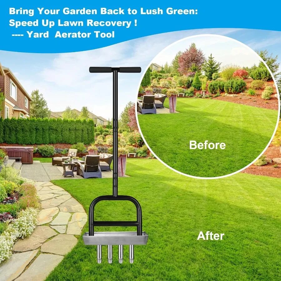 Arejador manual de gramado com bandeja de núcleo de solo para quintal, cuidados com o gramado, 4 núcleos de aço inoxidável, aerador para aeração de grama, ga resistente