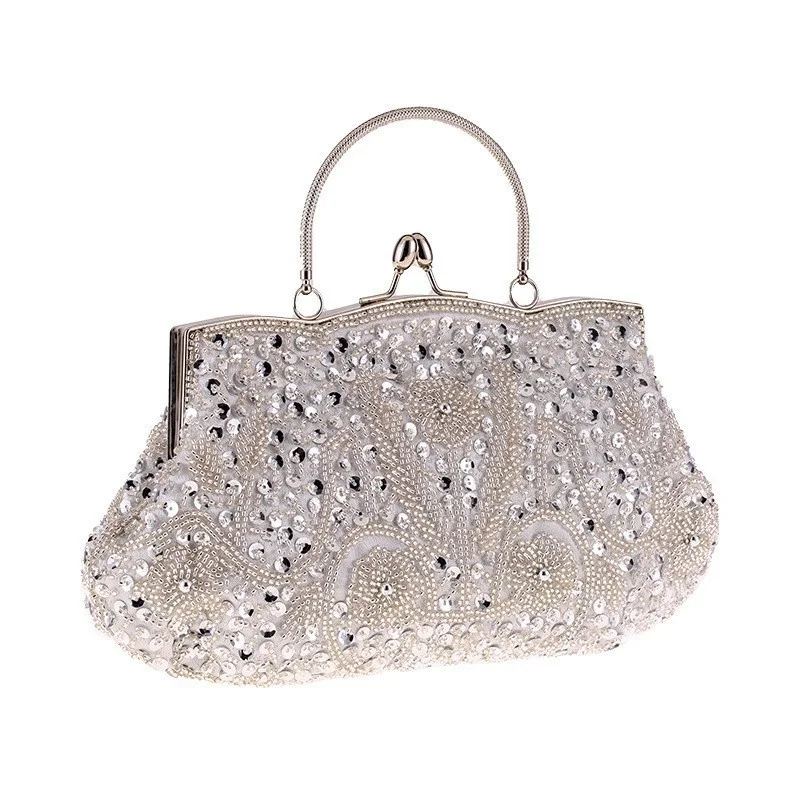 Vintage Embroidery Bag Retro Floral Beaded Sequin Evening Clutch Purple Kiss‑Lock Handbag Women Formal Party Shoulder Purse