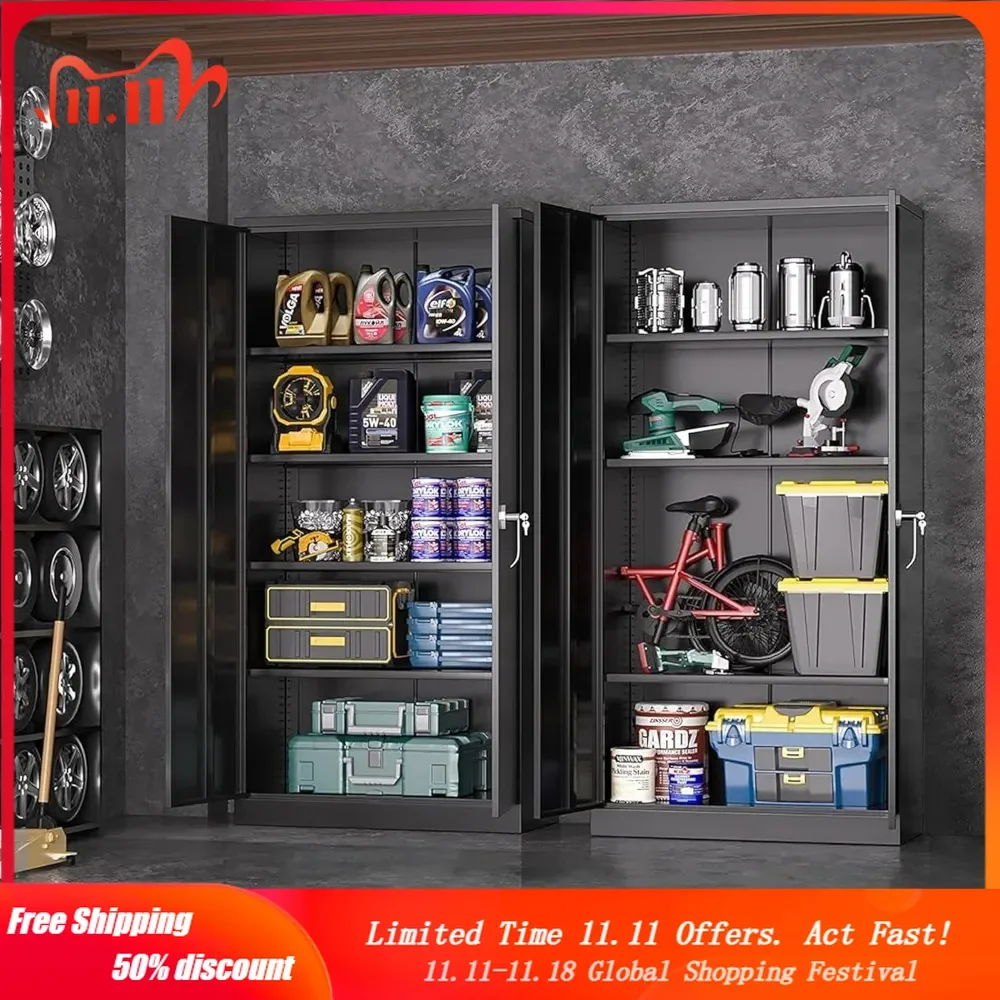 72” Black Garage Steel Locking Cabinet with Doors and 4 Adjustable Shelves, Tall Lockable File &Tool Cabinet for Home Office