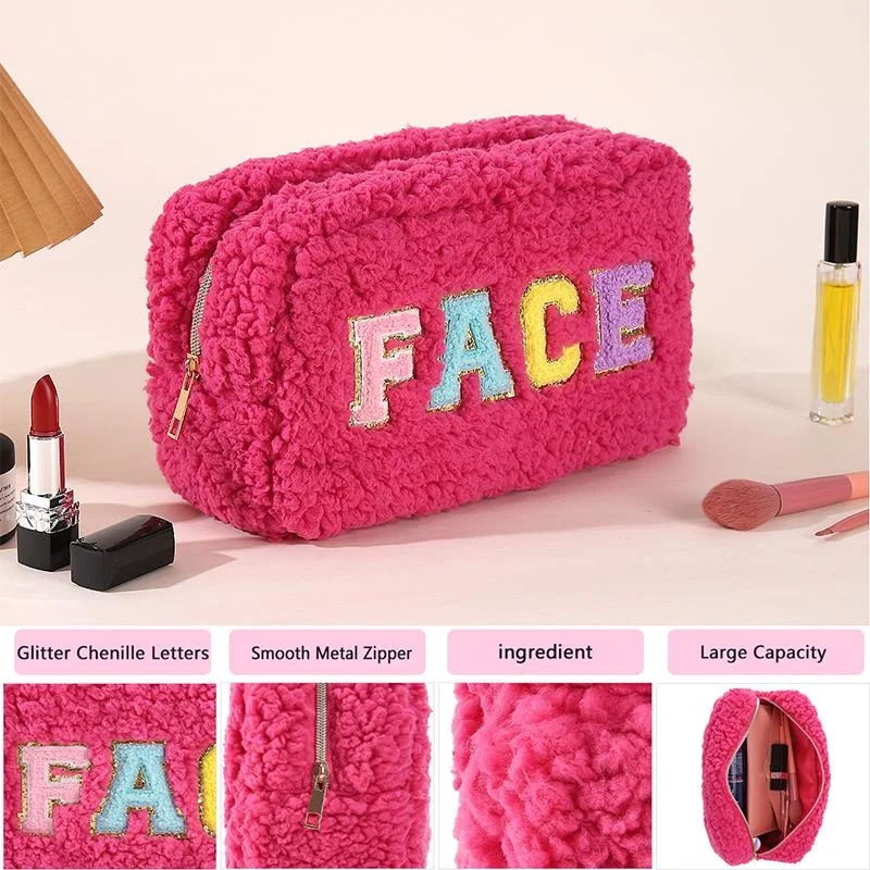 Letters Plush Makeup Bag Portable Small Travel Cosmetic Bag with Zipper Polar Fleece Pouch Bags for Women Girls Patch Pouches