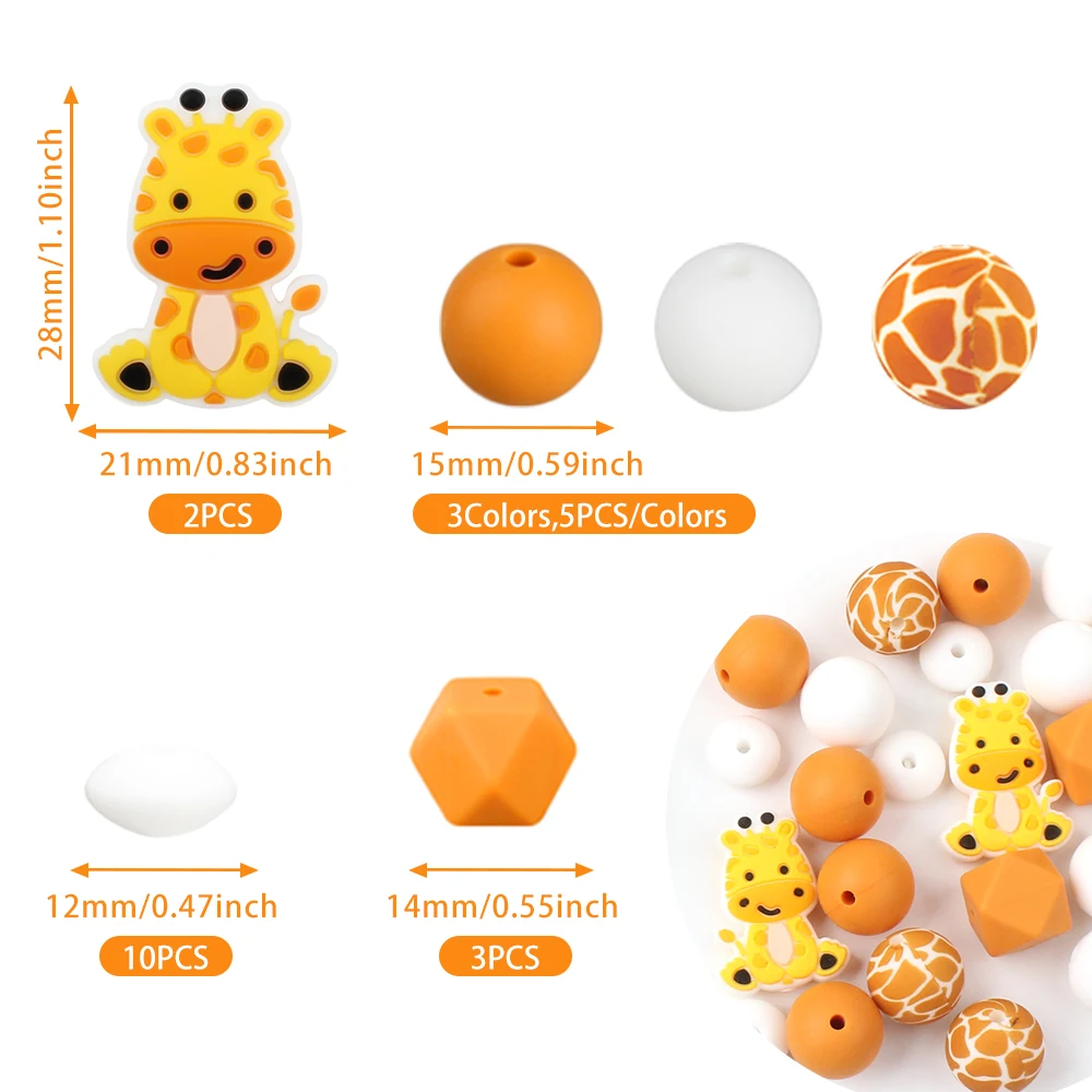 30Pcs Giraffe Silicone Beads Set Printed Round Beads Animal Baby Focal Beads Teething Toy DIY Pacifier Clips Chain Accessories