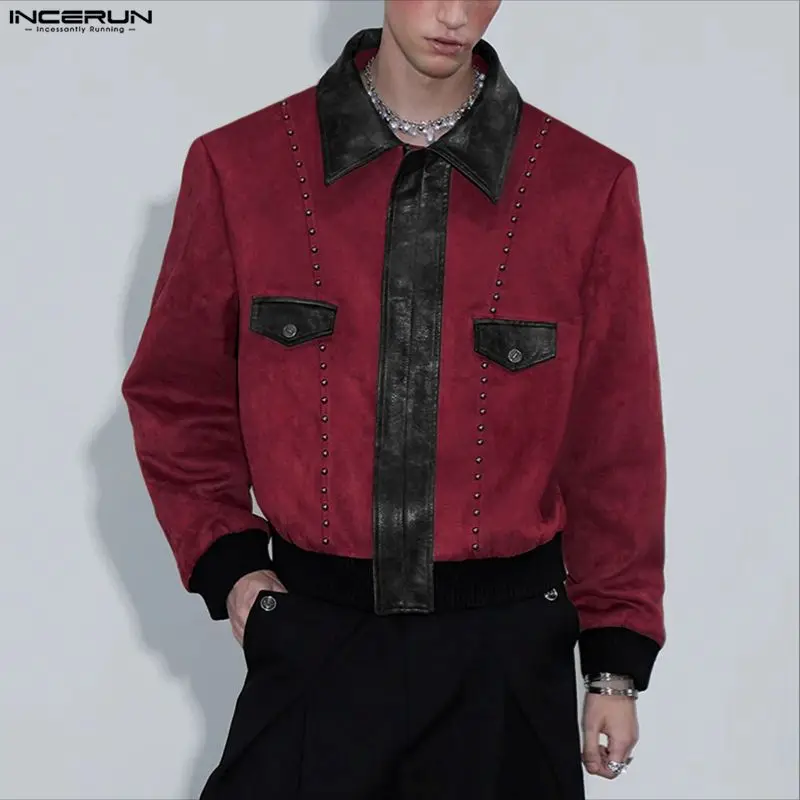 

INCERUN Мужская рубашка из искусственной кожи в стиле пэчворк с лацканами и длинными рукавами, повседневная мужская одежда, уличная одежда, топы, весна 2026, модные майки S-5XL