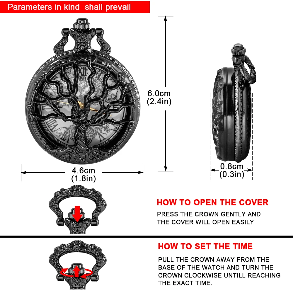 Tree of Life Pattern Sketch Ink Painting Dial Pocket Watch All Black Vintage Necklace Chain Quartz fob Clock reloj