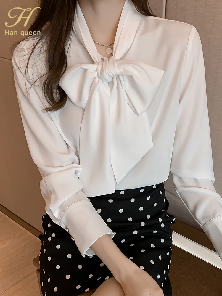 H Han Queen Spring Autumn Simple Office Lady Blouse Female Shirt Bow Tops Long Sleeve Casual Korean OL Style Loose Blouses Women