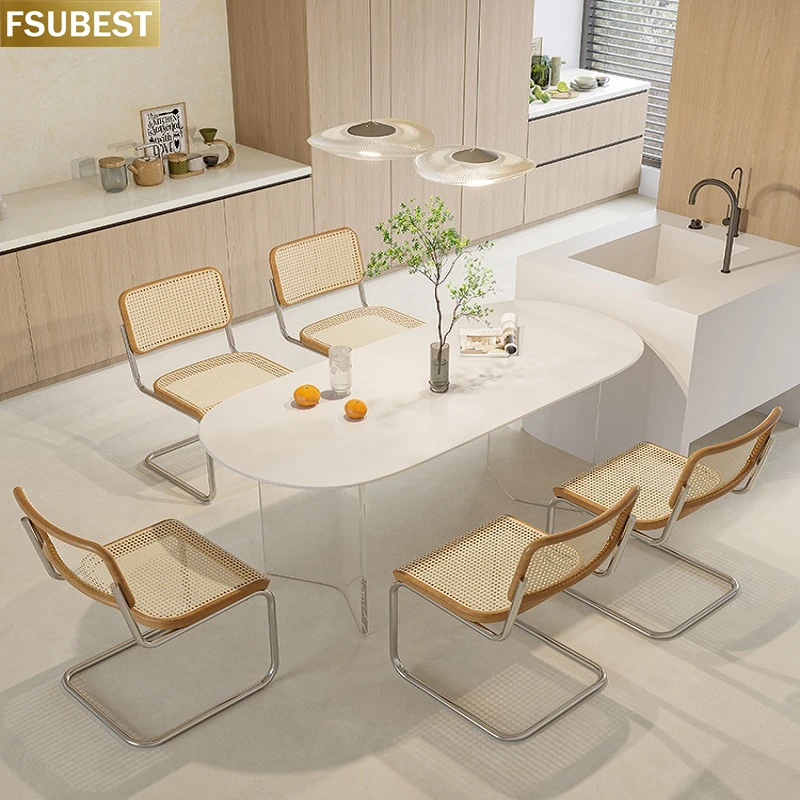 FSUBEST Ltalian Minimalism White Rock Slab Dining Table Set 4 Dinning Chairs Acrylic Floating Frame Dinner Table Set Tische