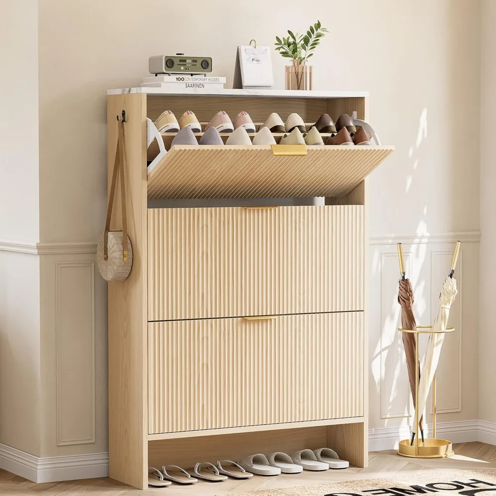 

shoe storage cabinet with 3 flip drawers, fluted shoe cabinet storage for entryway, free standing wooden shoe organizer cabinet