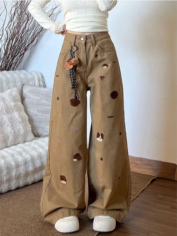 กางเกงยีนส์ปักลายหมีสีสันสดใสสำหรับผู้หญิง เอวสูง ทรงหลวม ขาตรง ขากว้าง ดีไซน์ใหม่สำหรับฤดูใบไม้ร่วง สไตล์ลำลอง