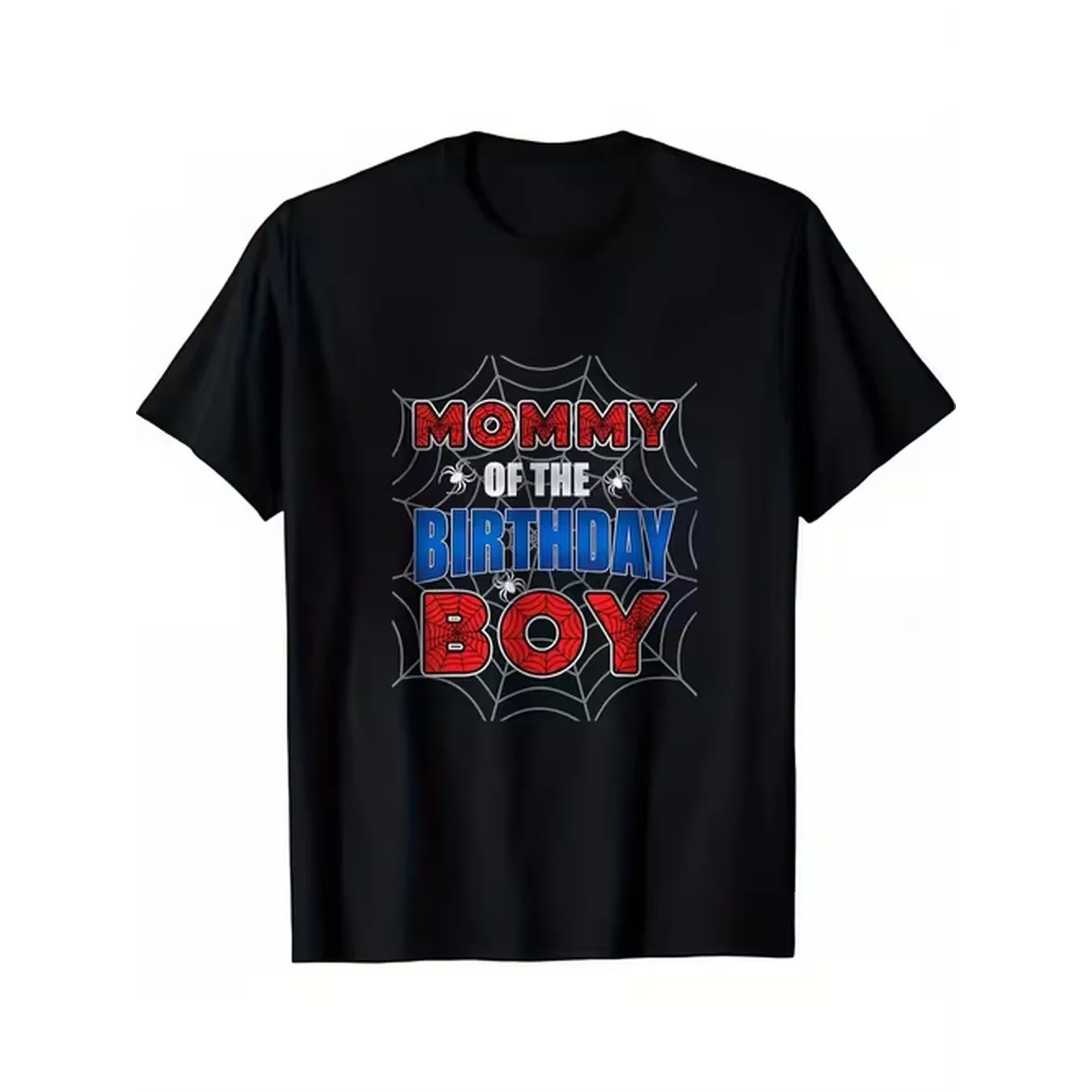 Mens Casual T Shirt Mommy Of The Birthday Boy Web Graphic Crew Neck Short Sleeve Black With Red And Blue Accents Lightweight And Breathable For Casual Attire