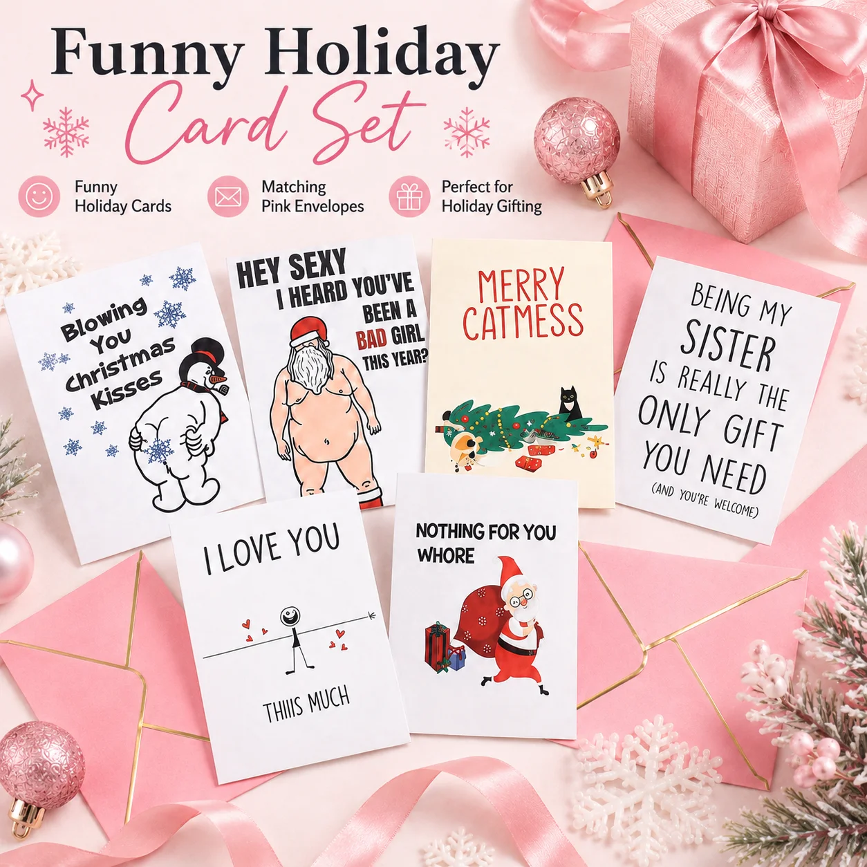 1PC Humorous Christmas Card Set with Matching Pink Envelopes, Funny Novelty Xmas Greeting Cards for Friends Family Holiday Gifts