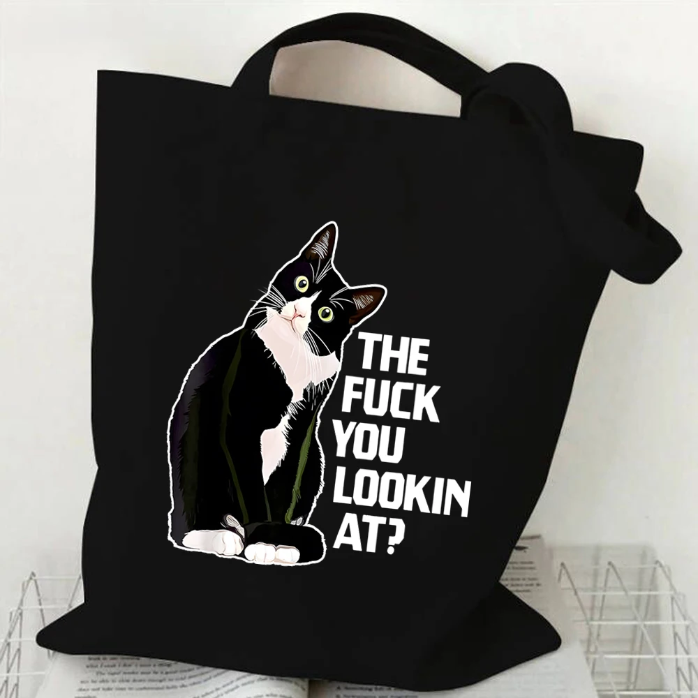 New Cat Series Women Tote Bags Cute Cow Cat Print Canvas Eco Handbag High Capacity Harajuku Fashion Cat Lovers Teen Shoulder Bag