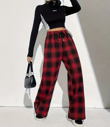 Plaid Print Wide Leg Pants Casual Drawstring Loose Pants For Spring  Summer Womens Clothing