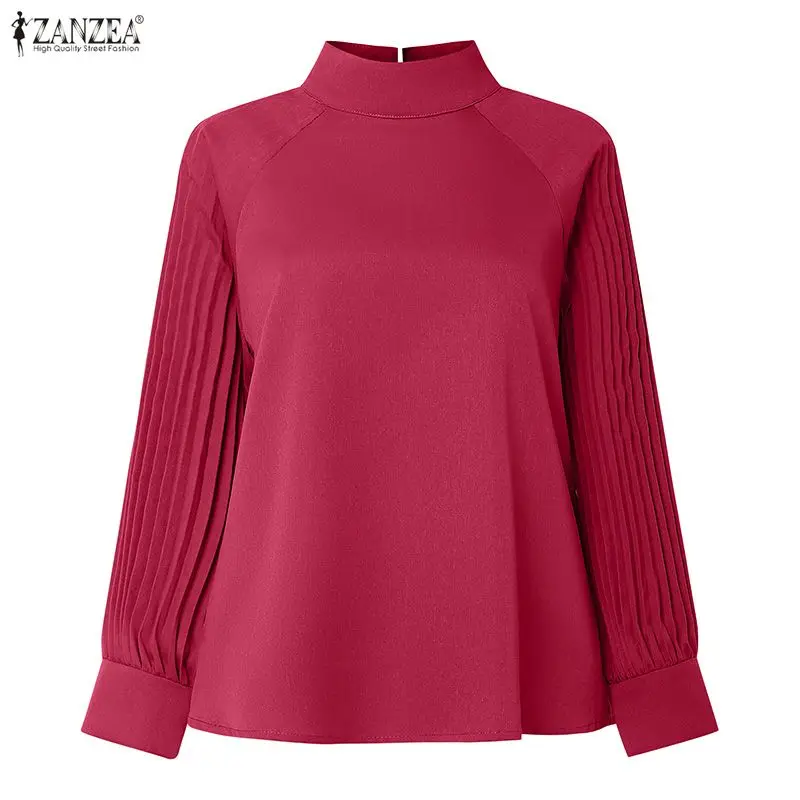 ZANZEA 2026 Jesienna Elegancka Koszula do Pracy z Stójką Damska Stylowa Bluzka z Długim Rękawem Wiosenna Koszula Jednolita Plisowana Tunika Bluzki Damskie