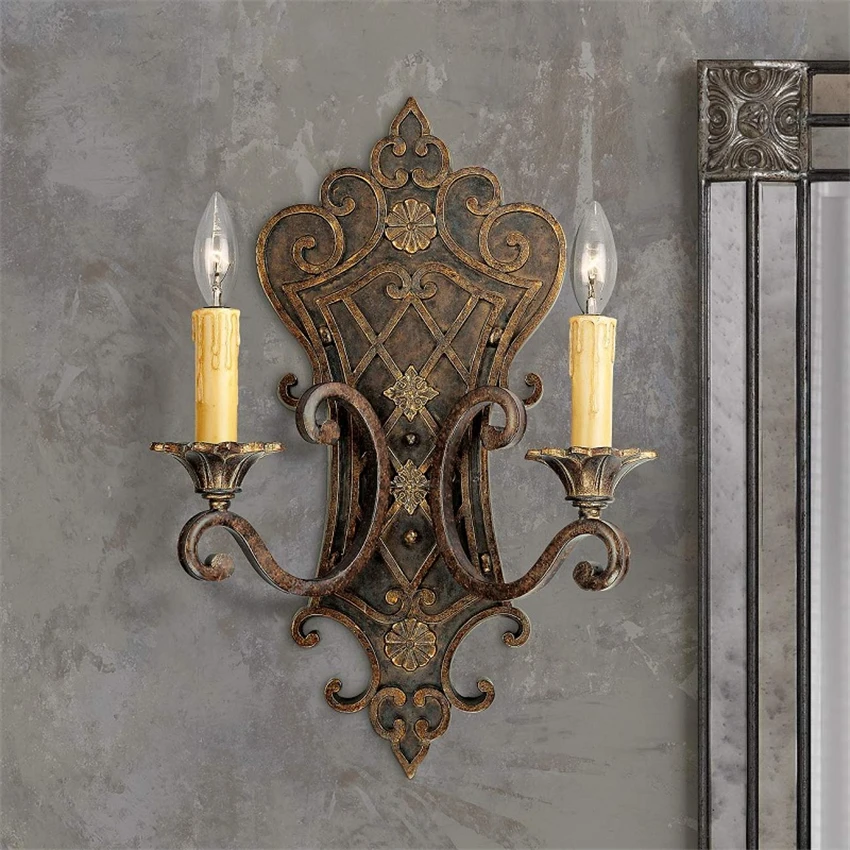 

European custom antique iron double-ended wall lamps retro dining room bedside lamps corridor aisle wall sconces lights lighting