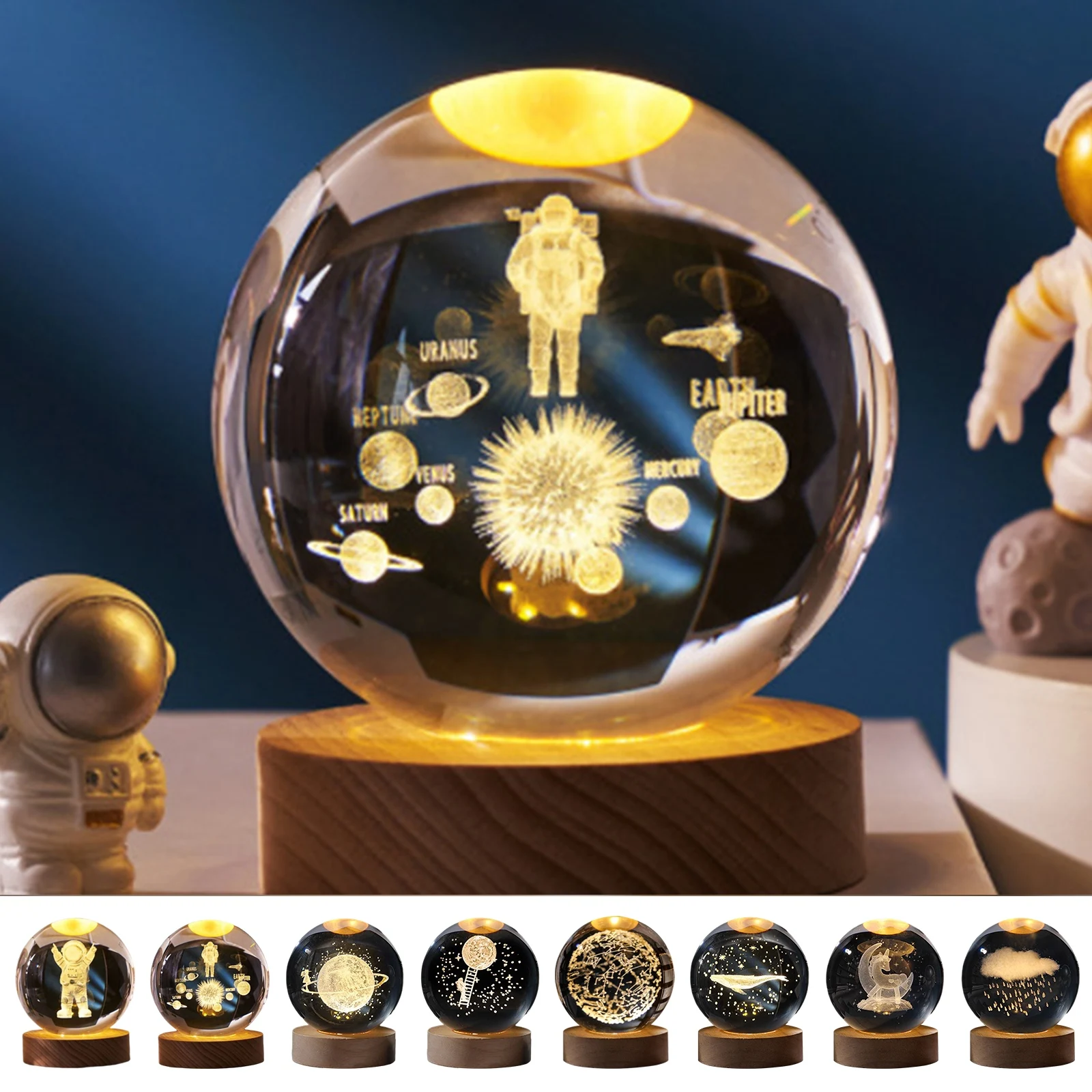 Crystal Ball Night Lights Glowing Planet Galaxy Astronaut 3D Moon Table Lamp USB Atmosphere Lamp Tabletop Decorations Kid Gifts