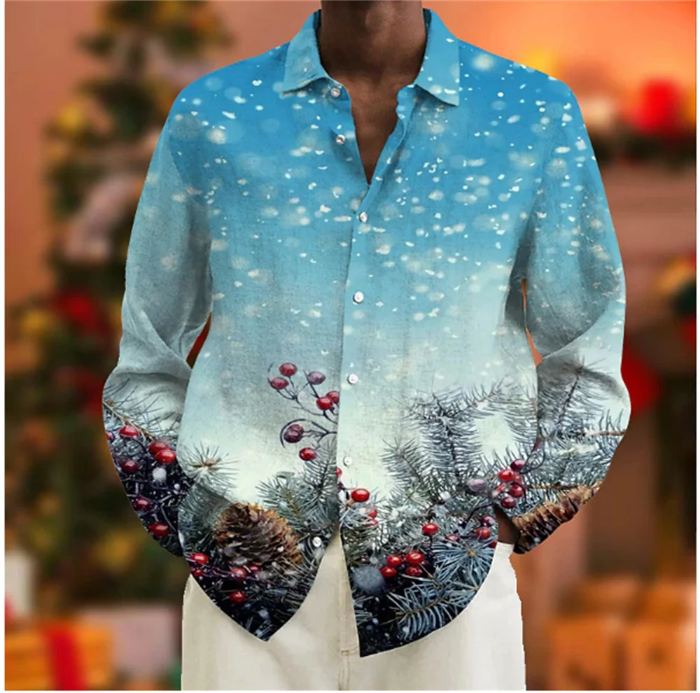 Camisa hawaiana de manga larga para hombre, camisa de playa social de alta gama con estampado 3D, camisa de nieve de Navidad, moda 2024