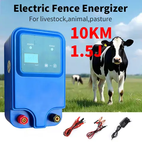 10km 1.5J Electric Fence Energizer Animals Electronic Pulse Fence Controller for Cattle Sheep Livestock Pasture Fence Device 12V