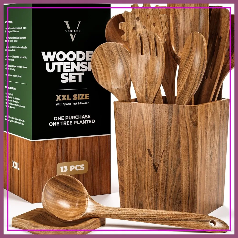 

13-Piece Acacia Wood Cooking Utensil Set with Holder & Spoon Rest - Wooden Spoons, Spatula, Spurtle for Nonstick Cookware