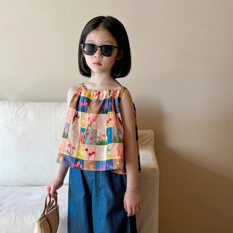 Childrens Clothing Girl Korean Casual Flower Vest 2024 Summer New Fashionable Childrens Color Sleeveless Shirt