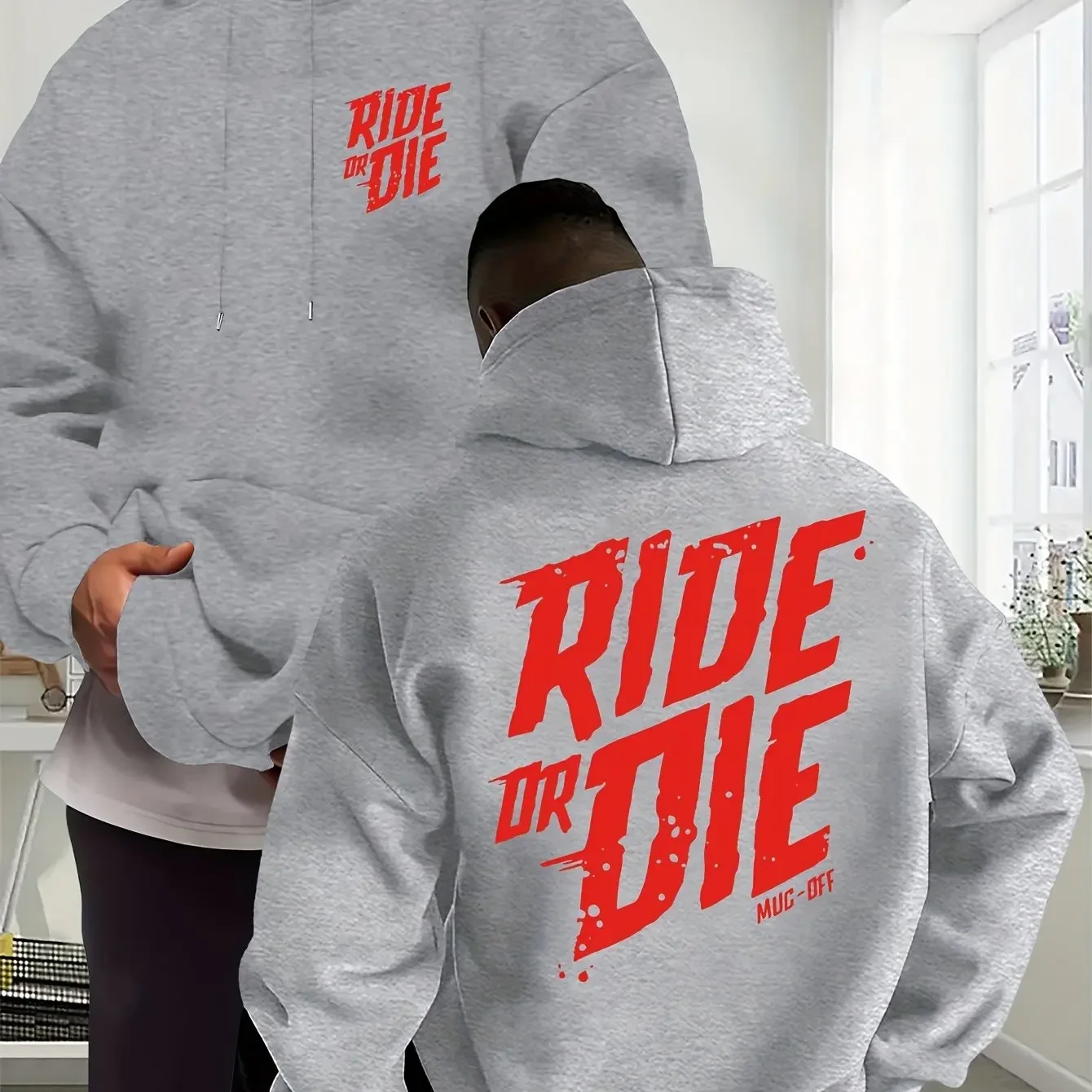 Winter and Autumn Fleece Pullover with Front and Back Printed Drawstring Crew-neck Hoodie for Street Casual and Relaxed Wear