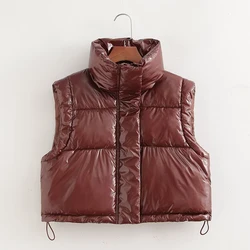 Autumn Gloosy Winter Puffer Vest Waterproof Women Stand Collar Zip Up Sleeveless Padded Gilet Coat with Pockets