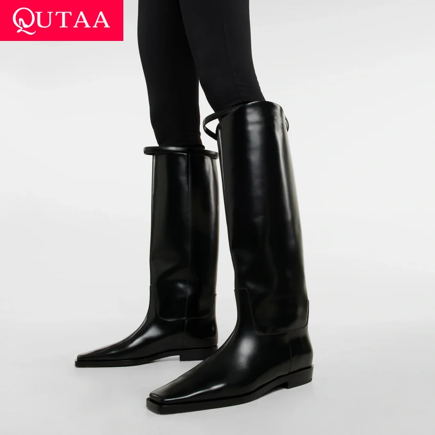 QUTAA 2024 Women Knee High Boots Low Heel Winter Genuine Leather Shoes Woman Square Toe High Boots Lady Motorcycle Size 34-42