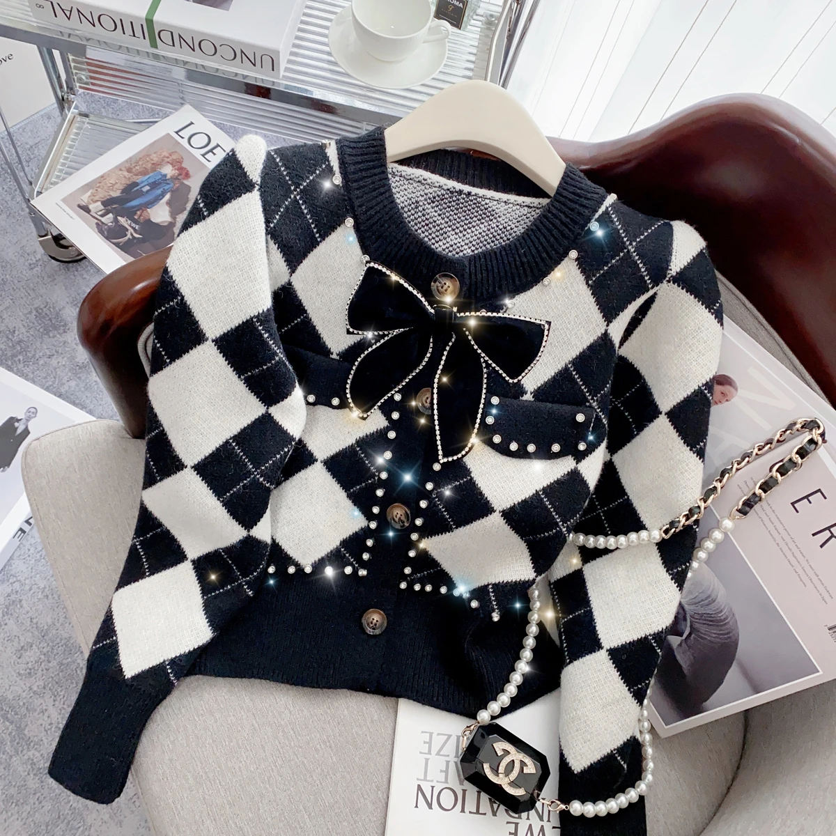 Argyle Knitted Thicken Sweater Cardigan Women 2022 Winter Bowtie Elegant Vintage Stylish Fashion Coat Jacket Long Sleeve Jumpers