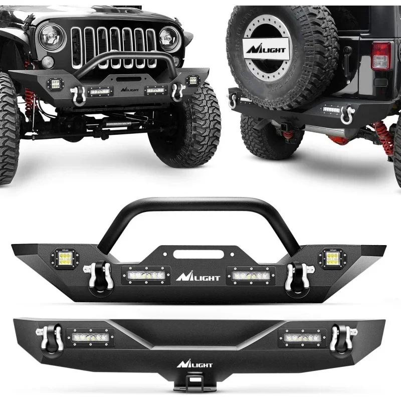 Front   Rear Combo Compatible for 2007-2018 Wrangler JK,Rock Crawler Bumper with Hitch Receiver & Nilight Upgraded LED Ligh