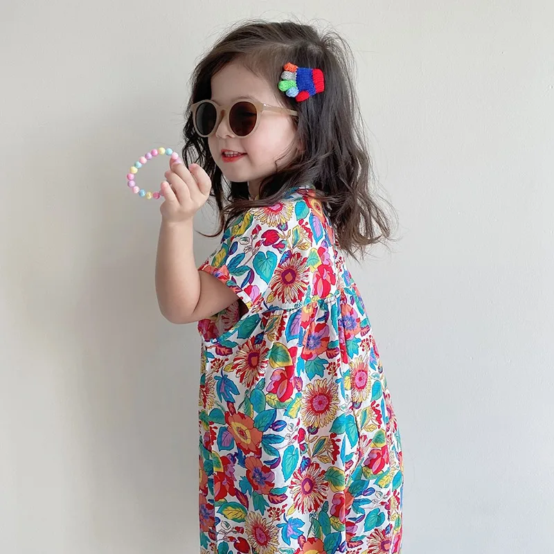 Macacão feminino com estampa floral, macacão infantil, perna larga, calça casual solta, macacão de manga curta, verão