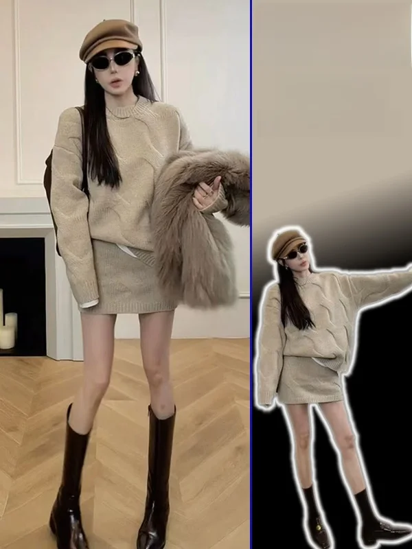 

plus Size Women's Ele Sweater And High Waist Skirt Set Autumn Winter Season Long Sve round Ne Loose Fit Faion...