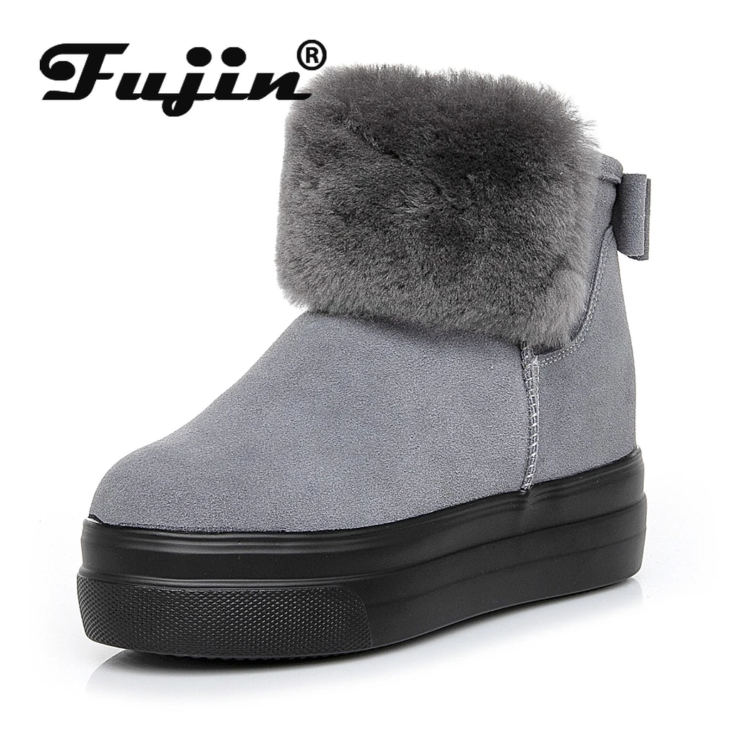 

Fujin 8cm Full Cow Genuine Leather Women Ankle Boots Platform Wedge Fur Plush Warm Women Winter Shoes Snow Boots Zip Botas Mujer