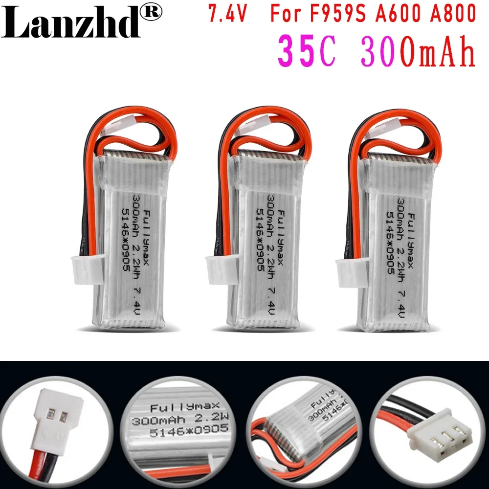 Battery 7.4V 2S 300mAh 30C LiPo For RC Airplane Air caraft Spare Parts WLtoys F959S A600 A800 A430 A180 F22 XK