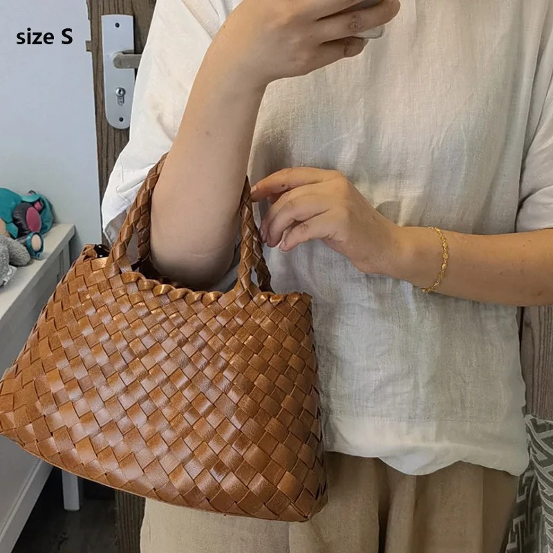 Female Bags 2023 New Woven Handbag Head Layer Cowhide Pure Handmade Vegetable Basket Bag Large Capacity Leather Women's Packs