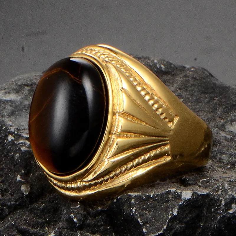 

Masculine Big Tiger's Eyes Gemstones Stainless Steel Rings for Men Geometric Carved Cool Finger Bands Sizes 7-13 Trendy Jewelry