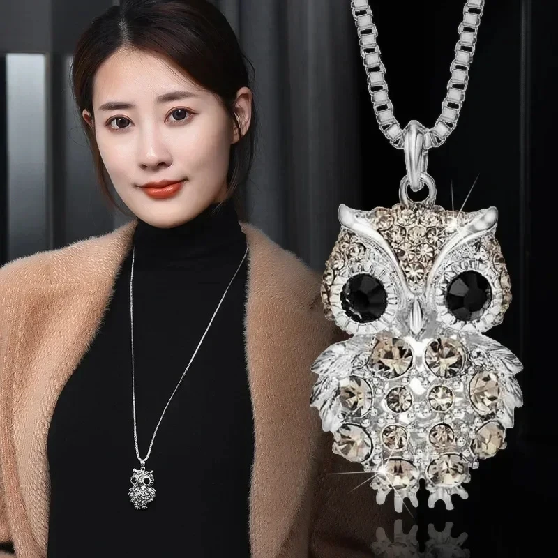 2024 New Korean Cute Sweater Chain Crystal Owl Necklace Long Women\'s Autumn and Winter Clothes Pendant Accessories