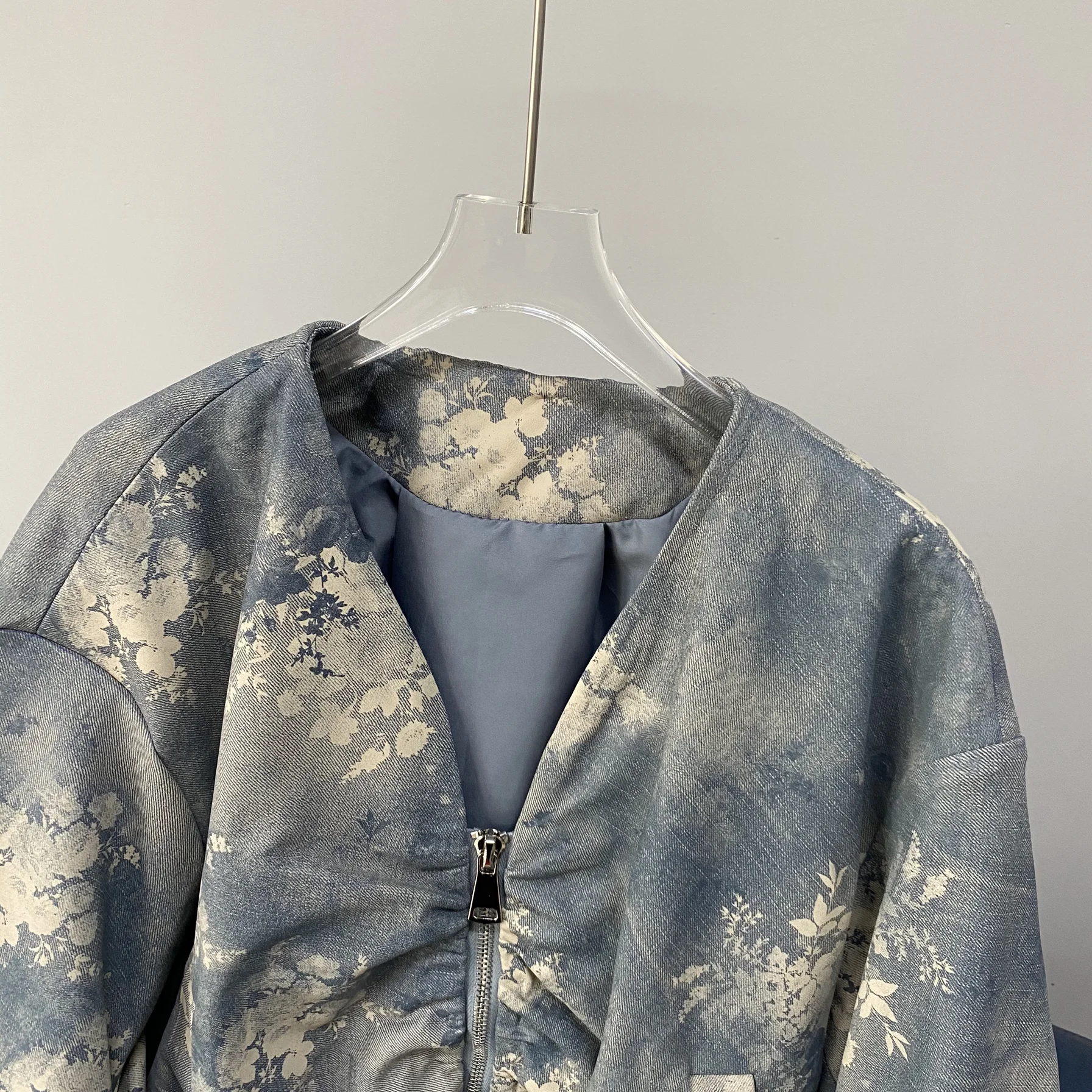 Retro Eepskin Denim Print Ort Loose Top Jaet Small Size Loose V-ne Ledermantel Street Sle Long Sve Reißverschluss