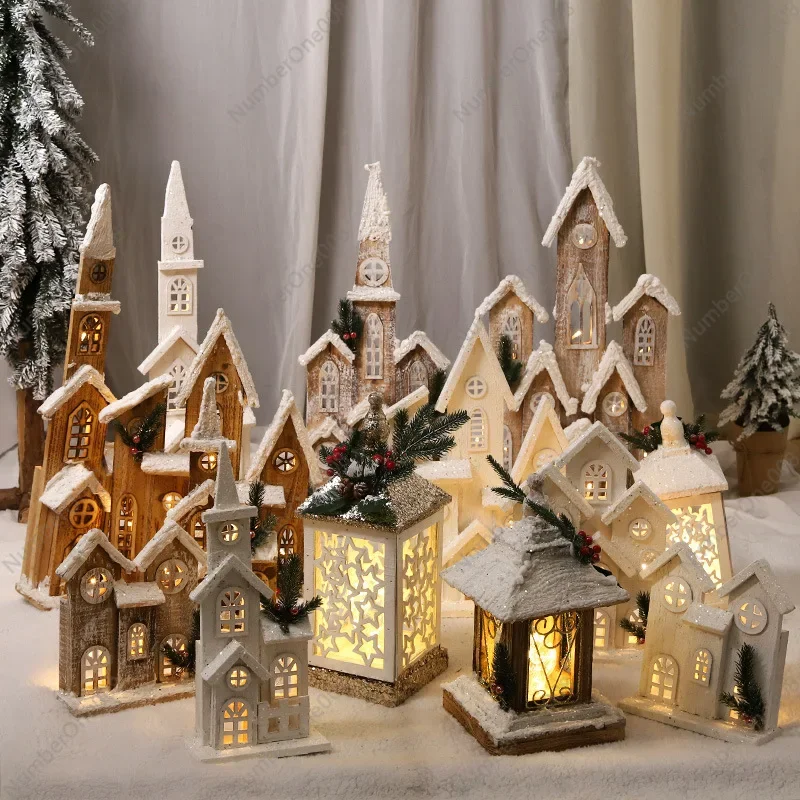 Christmas Decorations Wooden Glowing Christmas Wooden House Snow House Ornaments Christmas Tree Castle Window Scene Arrangement