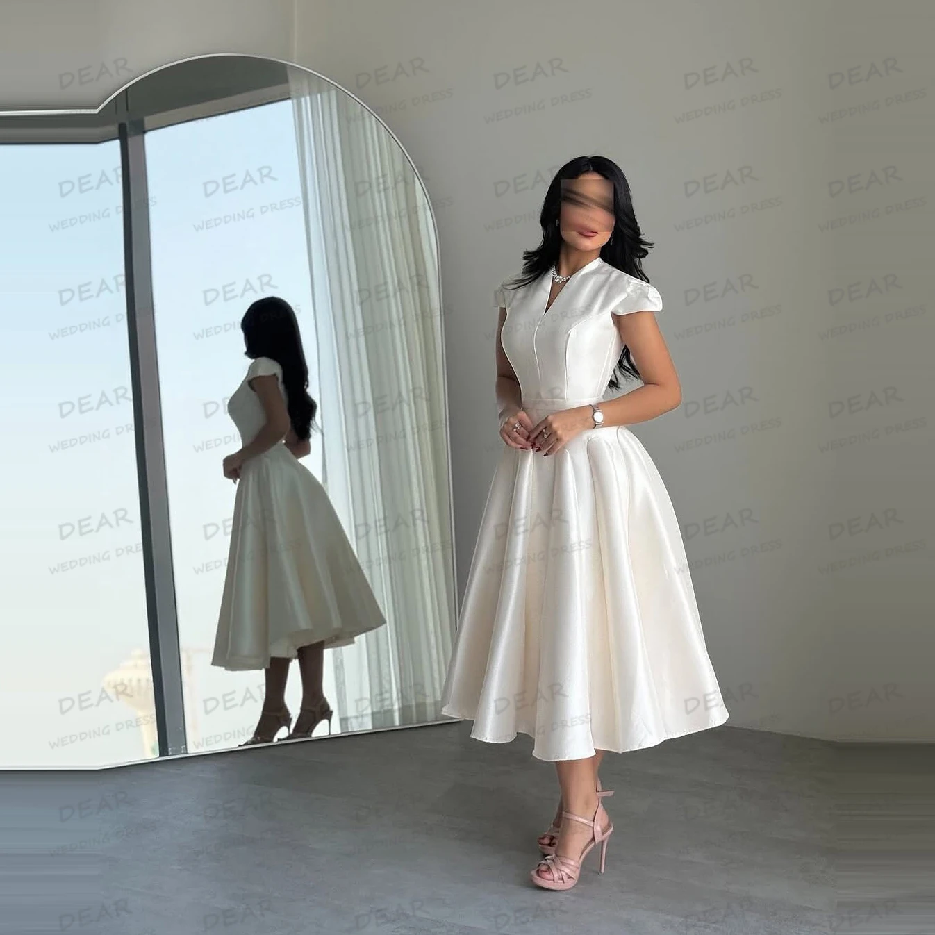 

Простые свадебные платья трапециевидной формы с v-образным вырезом и короткими рукавами, женские свадебные платья чайной длины, атласное официальное элегантное платье Vestido De Novia по индивидуальному заказу