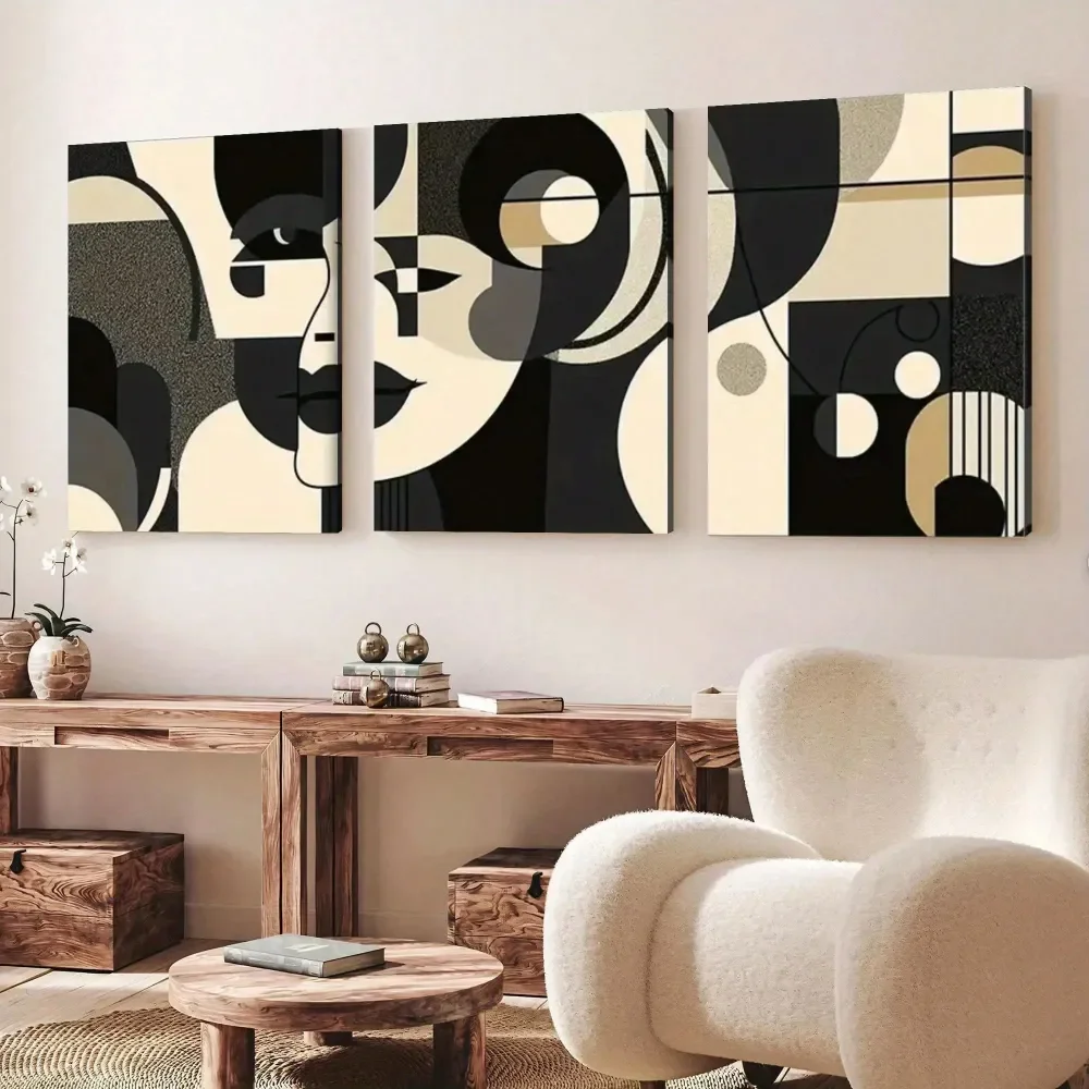 Flat, 2D FLAT 3pcs Of Wood Frame Canvas Print Decorative Painting, Abstract Black And White Geometric Art, Wall Art Decorative